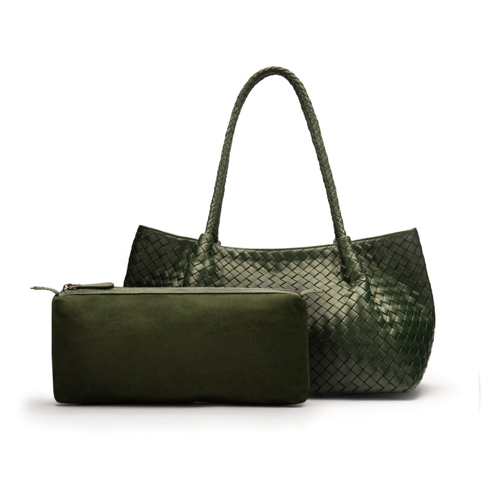 Midi woven leather bag, green, inner bag