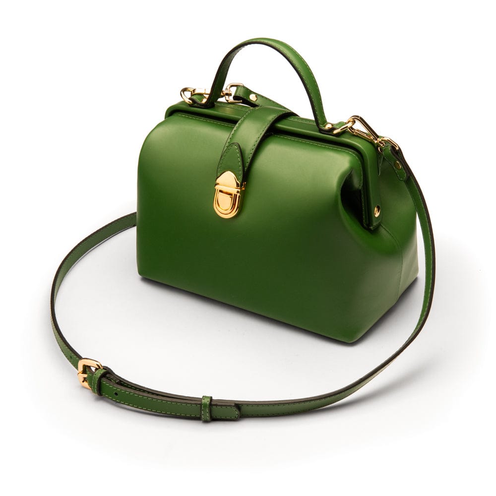 Mini leather Gladstone bag, green, with shoulder strap