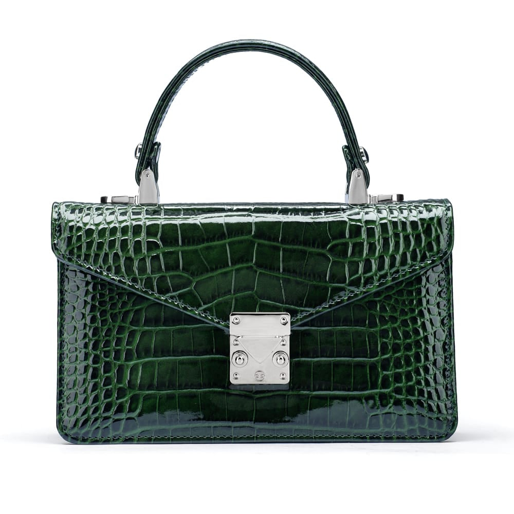 Luxury Leather Maya Top Handle Crossbody Bag, Green Patent Croc, front