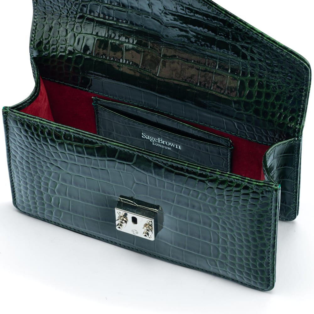 Luxury Leather Maya Top Handle Crossbody Bag, Green Patent Croc, inside