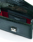Luxury Leather Maya Top Handle Crossbody Bag, Green Patent Croc, inside