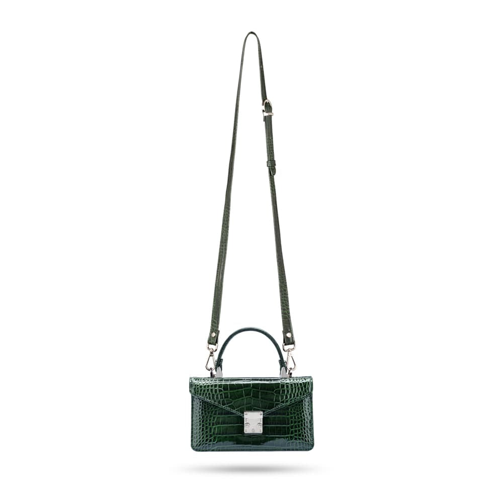 Luxury Leather Maya Top Handle Crossbody Bag, Green Patent Croc, with shoulder strap