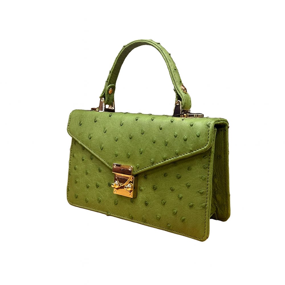 Real ostrich Maya top handle bag, green, side