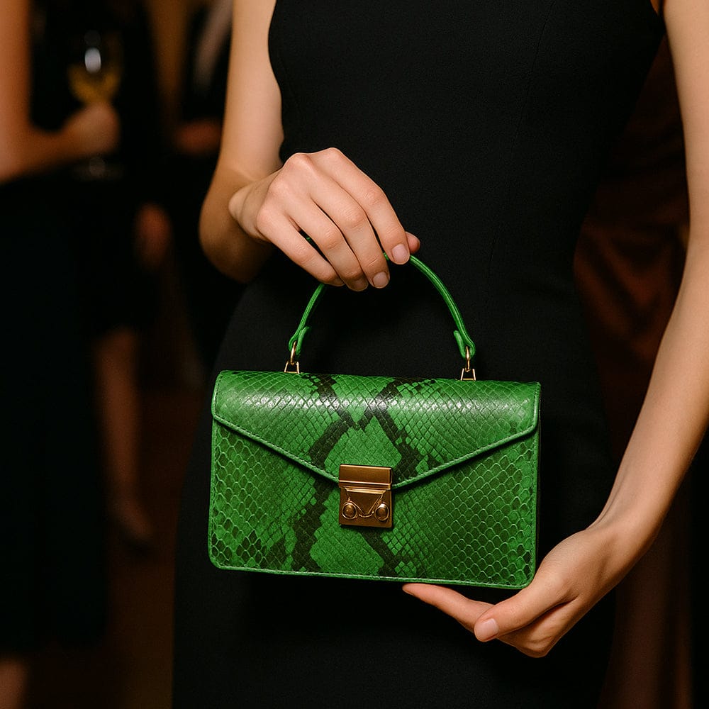 Real python Maya top handle bag, green, lifestyle