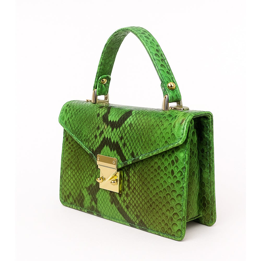 Real python Maya top handle bag, green, side