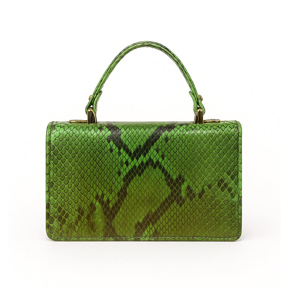 Real python Maya top handle bag, green, back