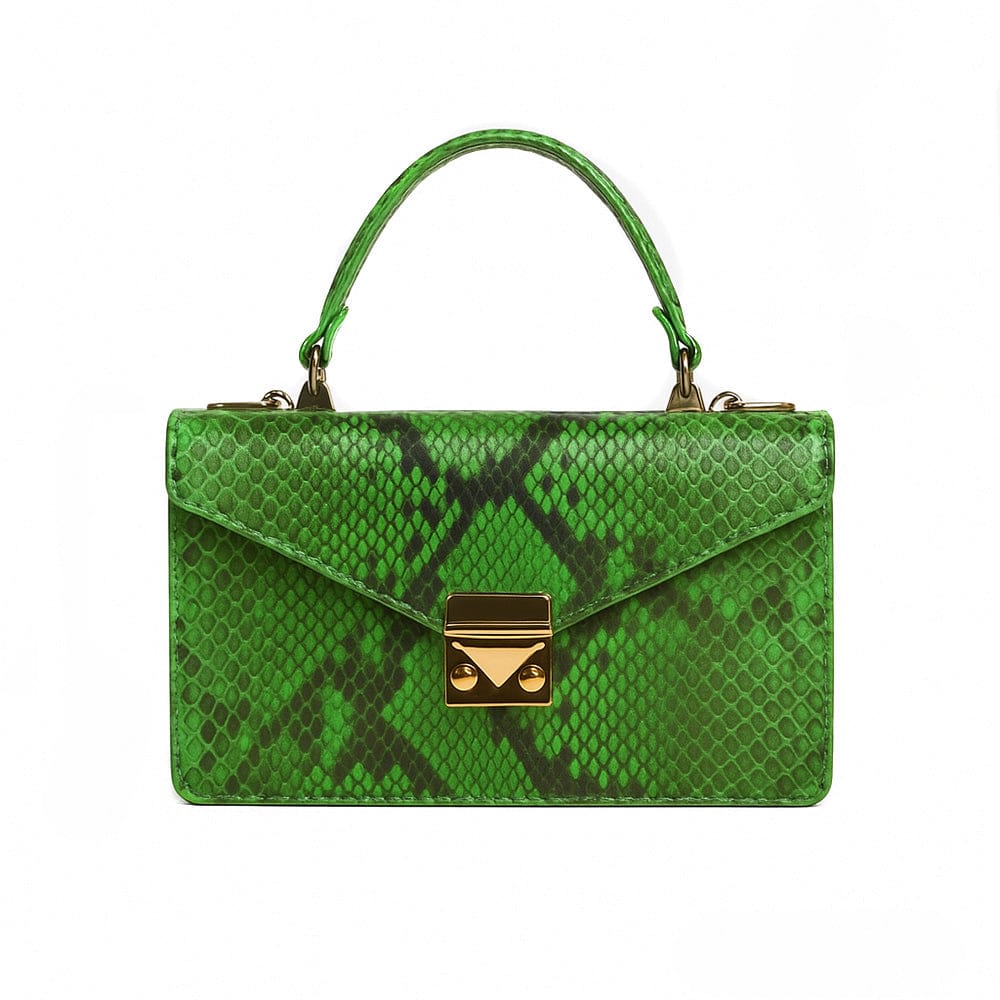 Real python Maya top handle bag, green, front