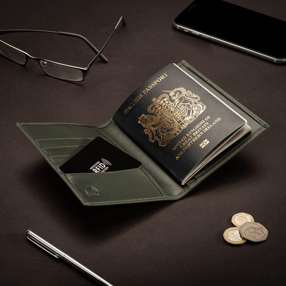 RFID Leather Passport Holder, Green, lifestyle