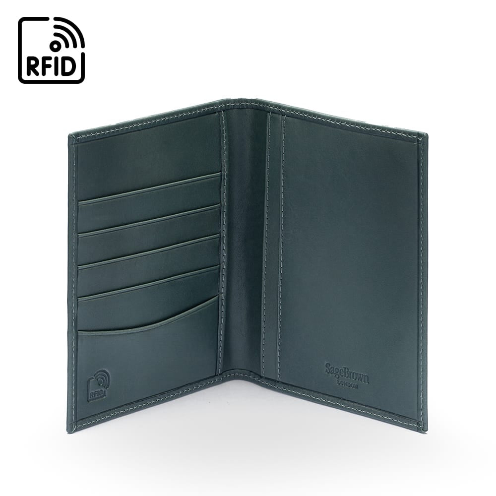 RFID Leather Passport Holder, Green, inside