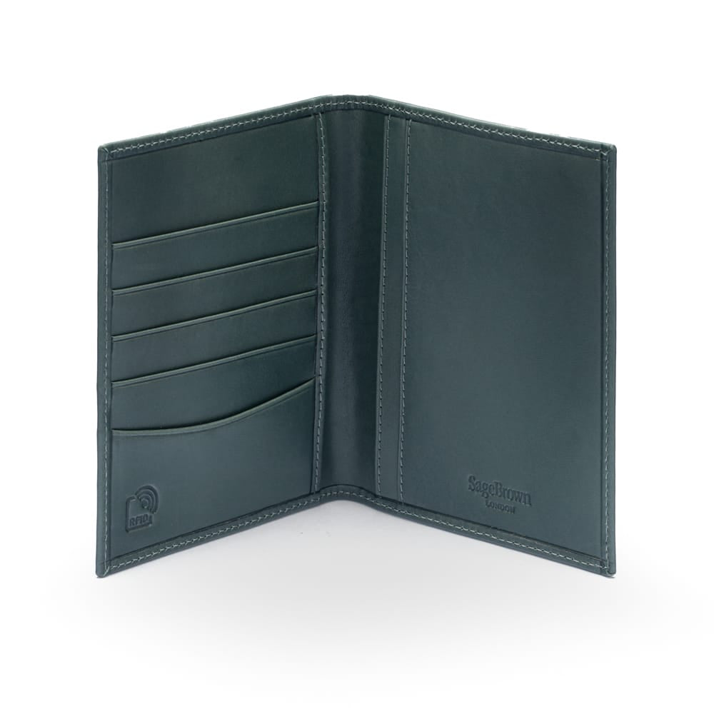 RFID Leather Passport Holder, Green, inside view