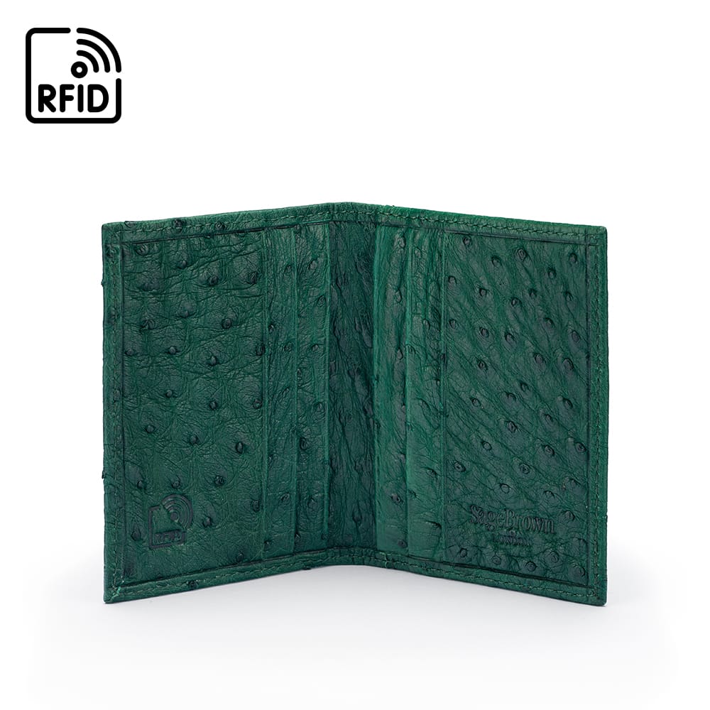 Slim Real Ostrich Leather Bifold Card Wallet with RFID, Green, inside