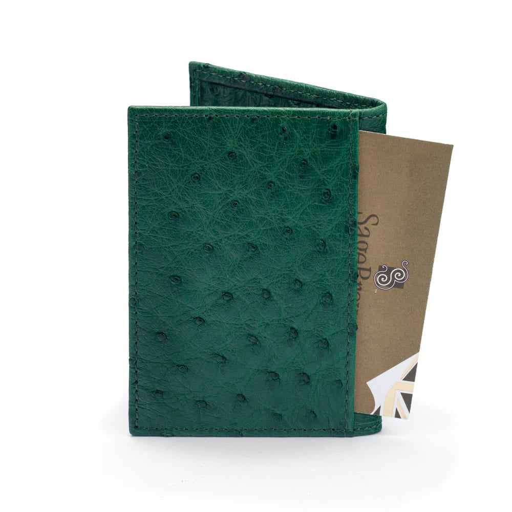 Slim Real Ostrich Leather Bifold Card Wallet with RFID, Green, back