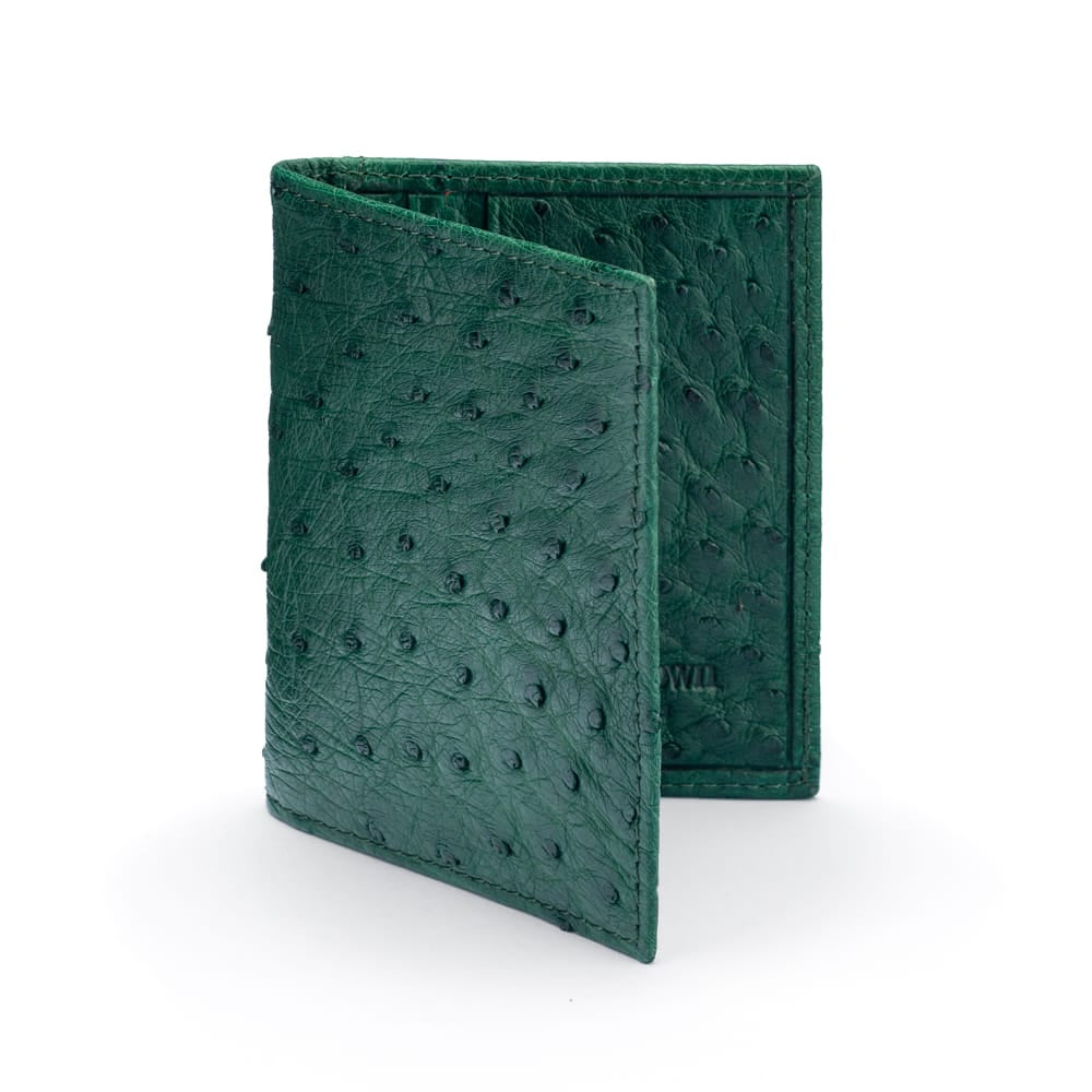 Slim Real Ostrich Leather Bifold Card Wallet with RFID, Green, front