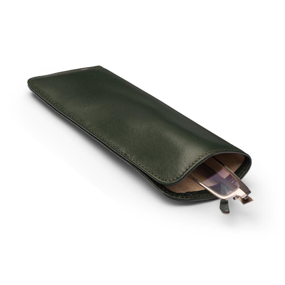 Small leather glasses case, soft green, inside