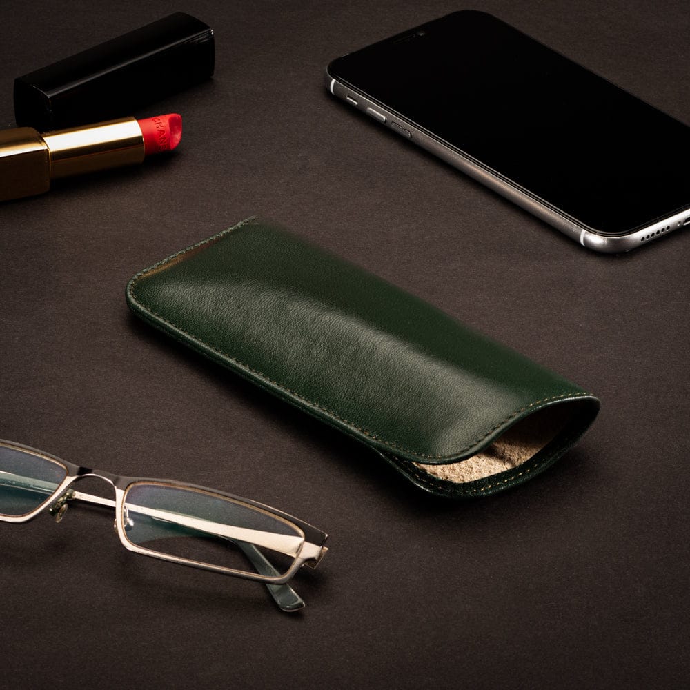 Small leather glasses case, soft green, lifestyle