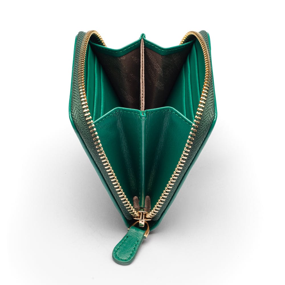 Small zip around woven leather accordion purse, green, side