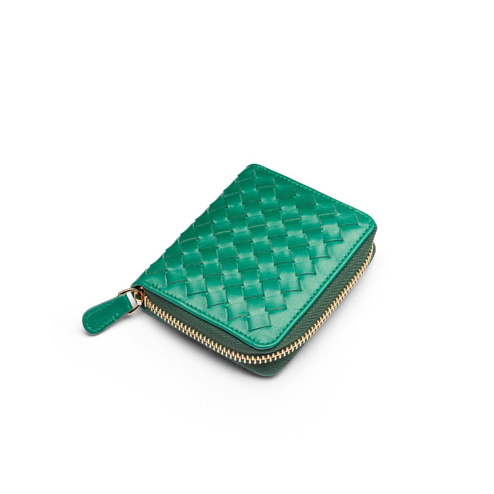 Small zip around woven leather accordion purse, green, front
