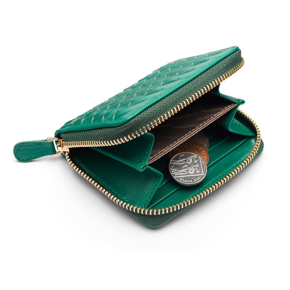 Small zip around woven leather accordion purse, green, inside