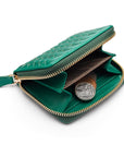 Small zip around woven leather accordion purse, green, inside