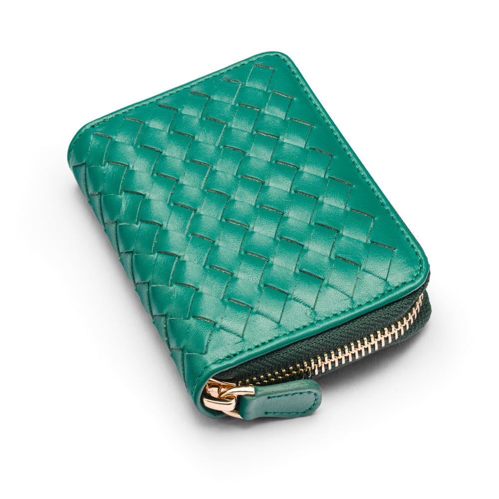 Small zip around woven leather accordion purse, green