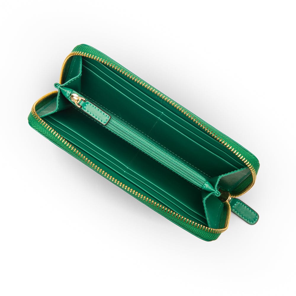 Tall leather zip around accordion purse,  green, inside