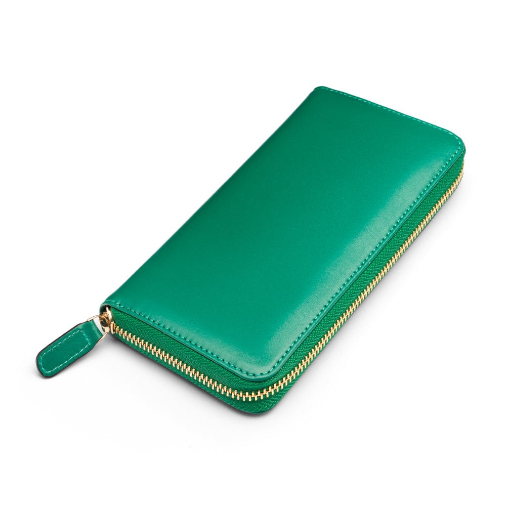 Tall leather zip around accordion purse,  green, front