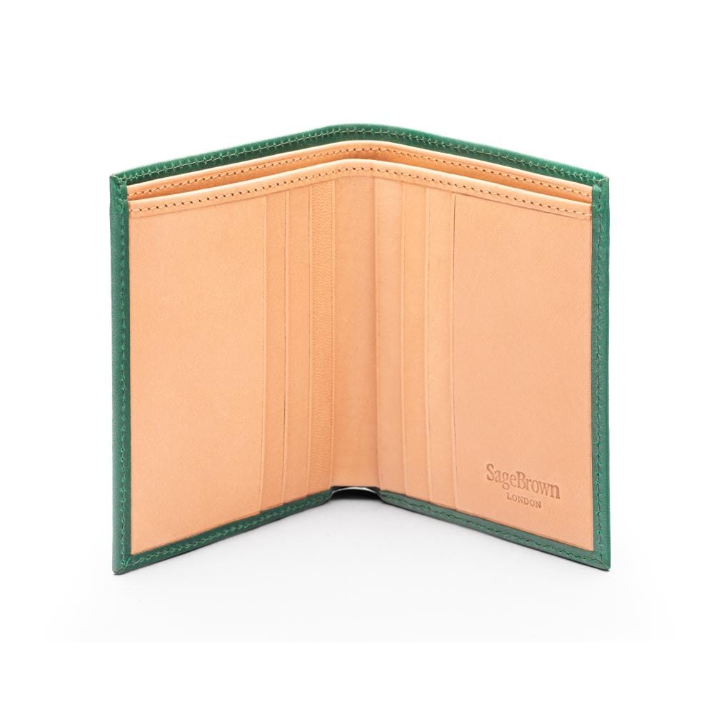 Bifold leather wallet with 6 credit cards, green with ivory, open