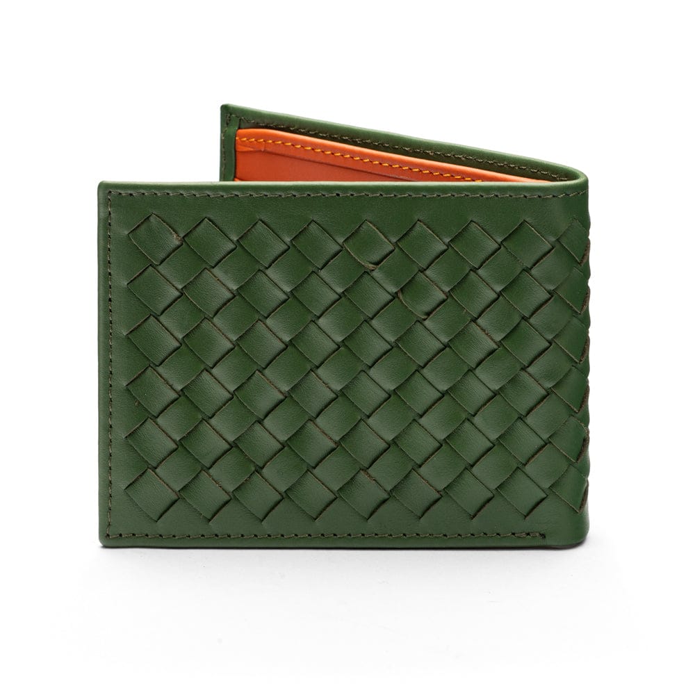Woven leather wallet with 6 credit card slots, green with orange, back