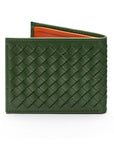 Woven leather wallet with 6 credit card slots, green with orange, back