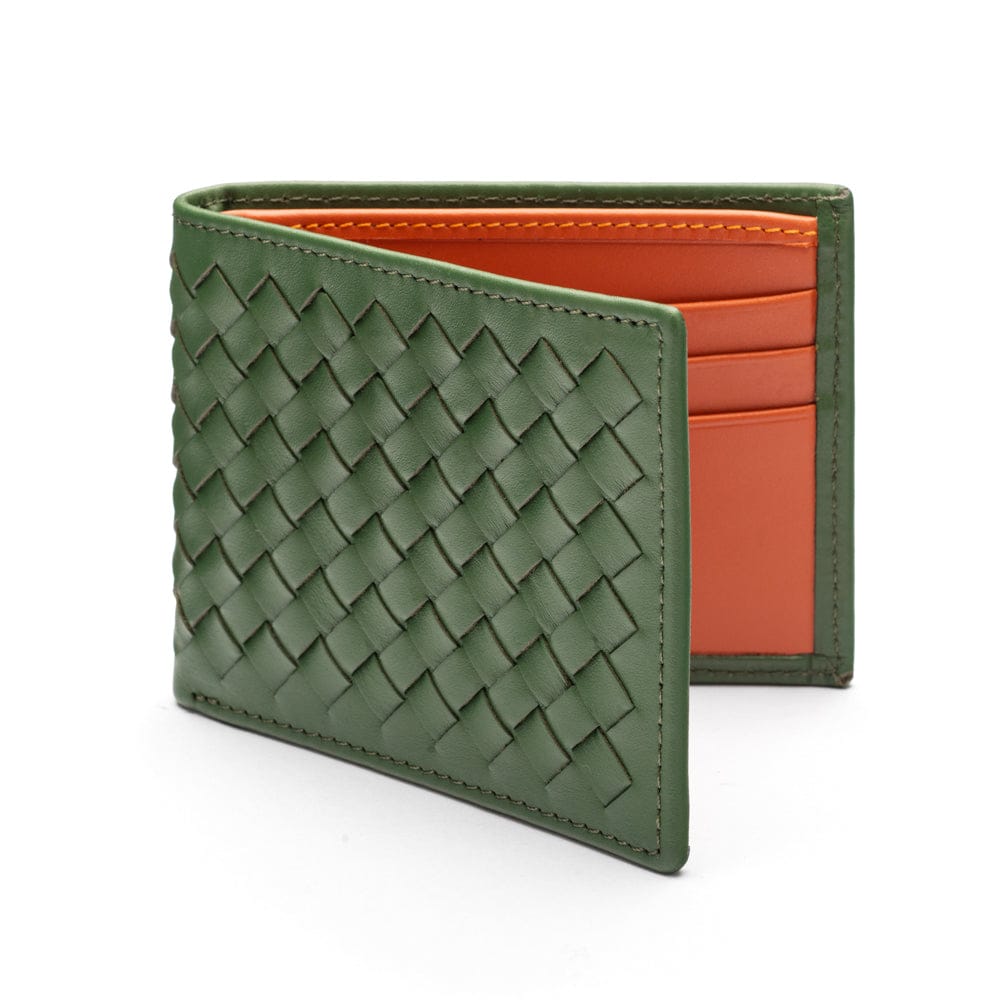 Woven leather wallet with 6 credit card slots, green with orange, front