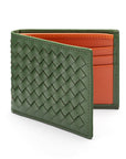 Woven leather wallet with 6 credit card slots, green with orange, front