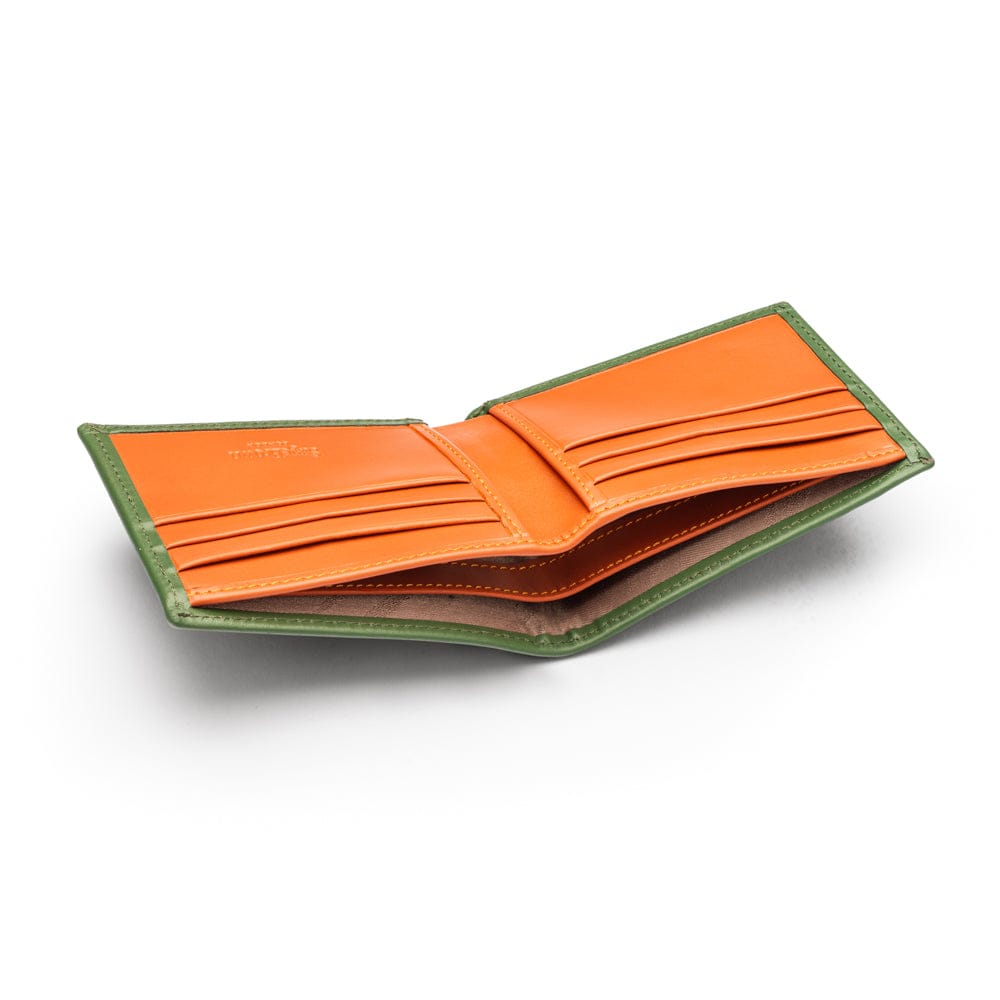 Woven leather wallet with 6 credit card slots, green with orange, inside