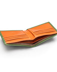 Woven leather wallet with 6 credit card slots, green with orange, inside