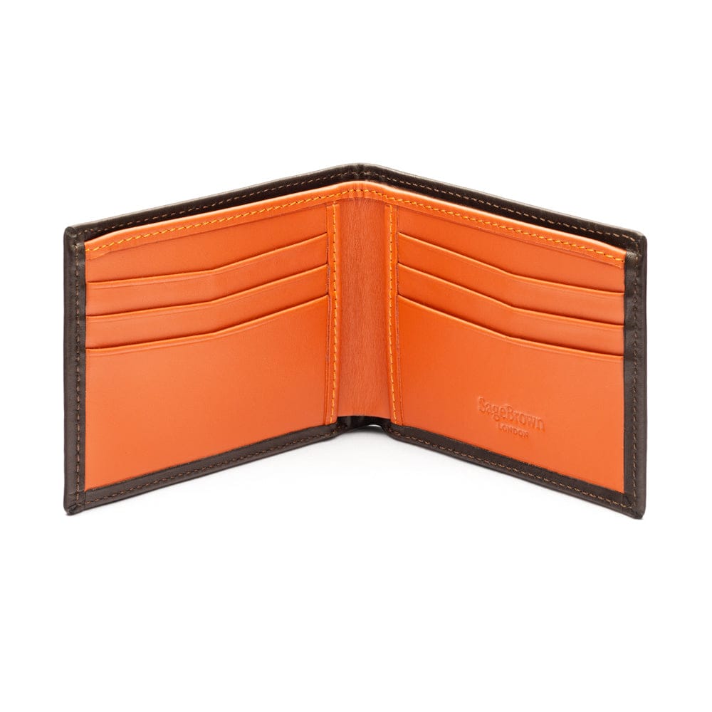 Woven leather wallet with 6 credit card slots, green with orange, open