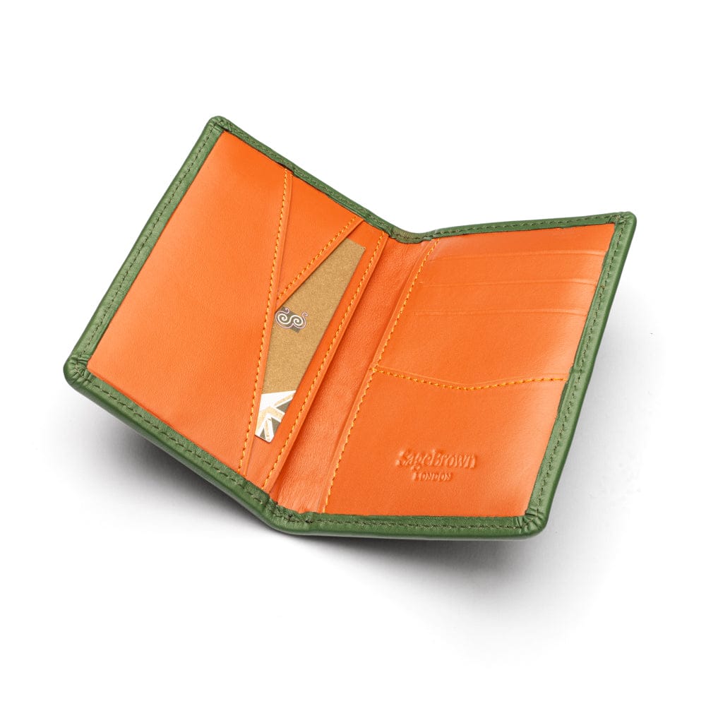 Woven leather card holder, green with orange, inside