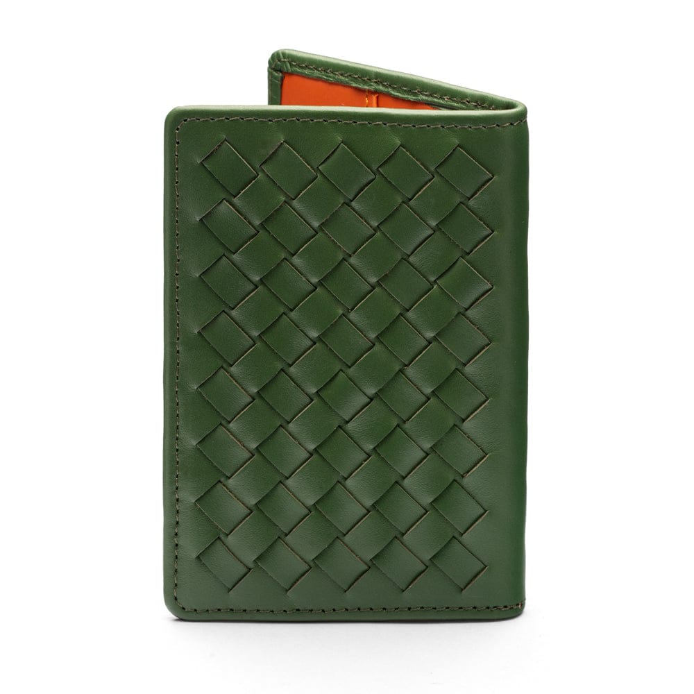 Woven leather card holder, green with orange, back