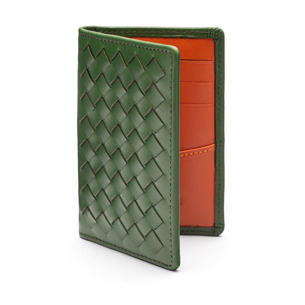 Woven leather card holder, green with orange, open