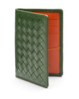 Woven leather card holder, green with orange, open