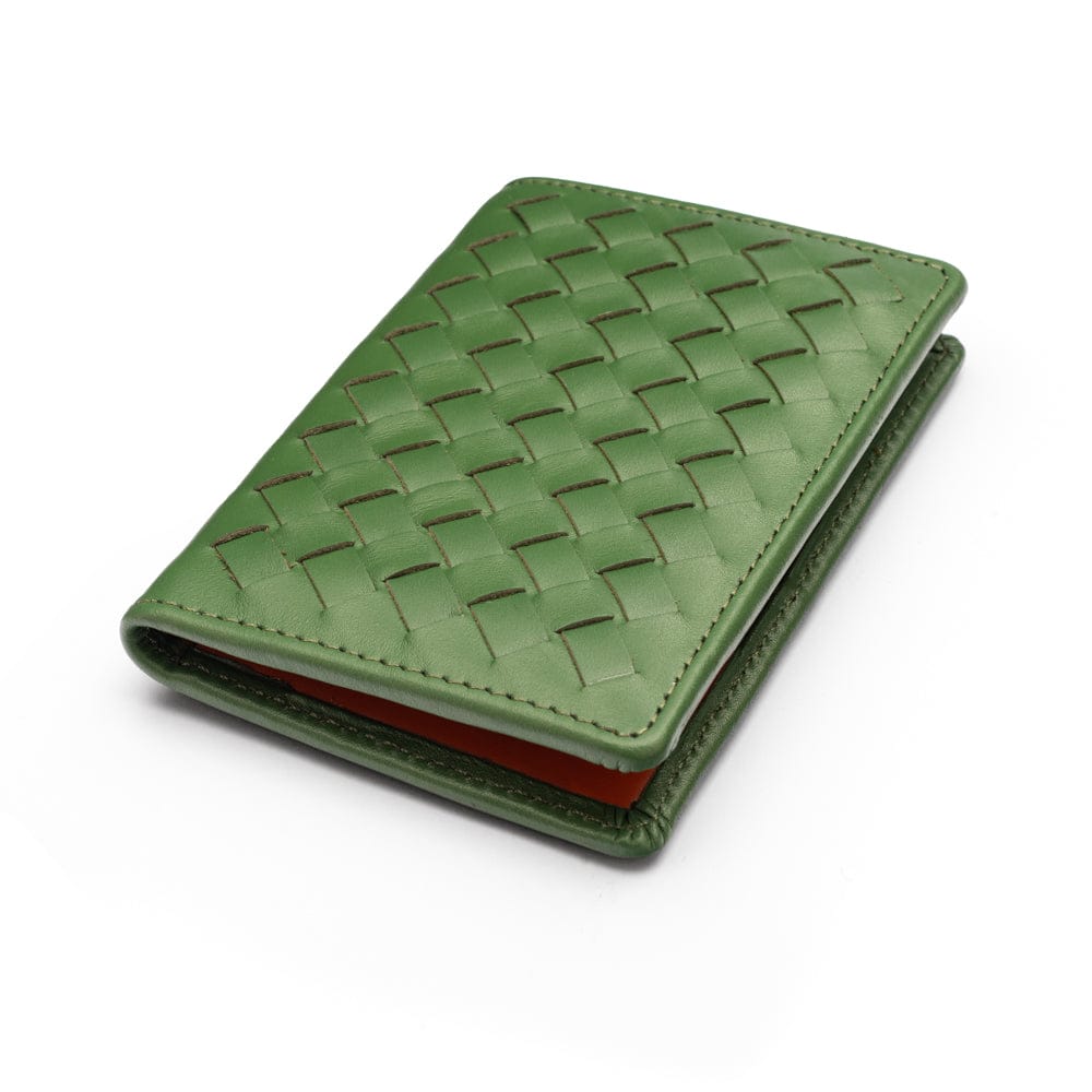 Woven leather card holder, green with orange, front