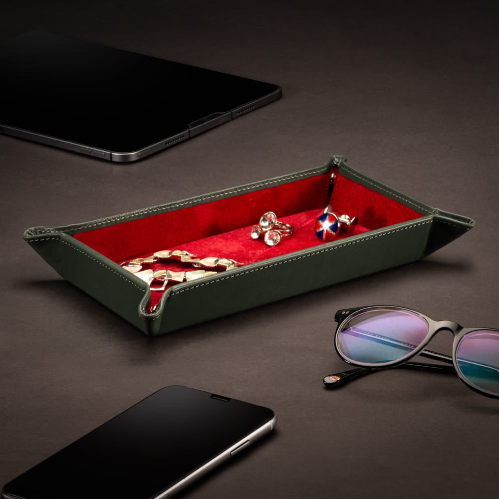 Rectangular Leather Valet Tray - Green With Red