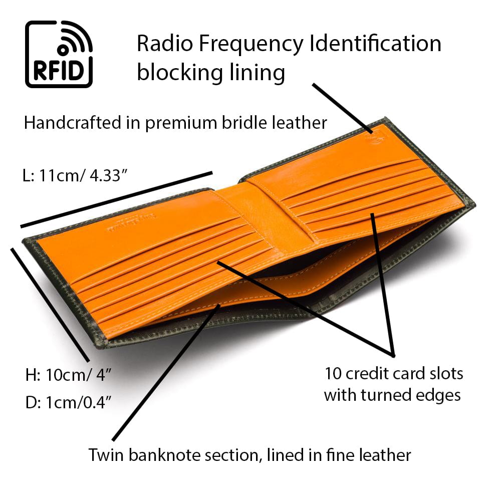 RFID wallet in bridle hide leather, green with yellow, features