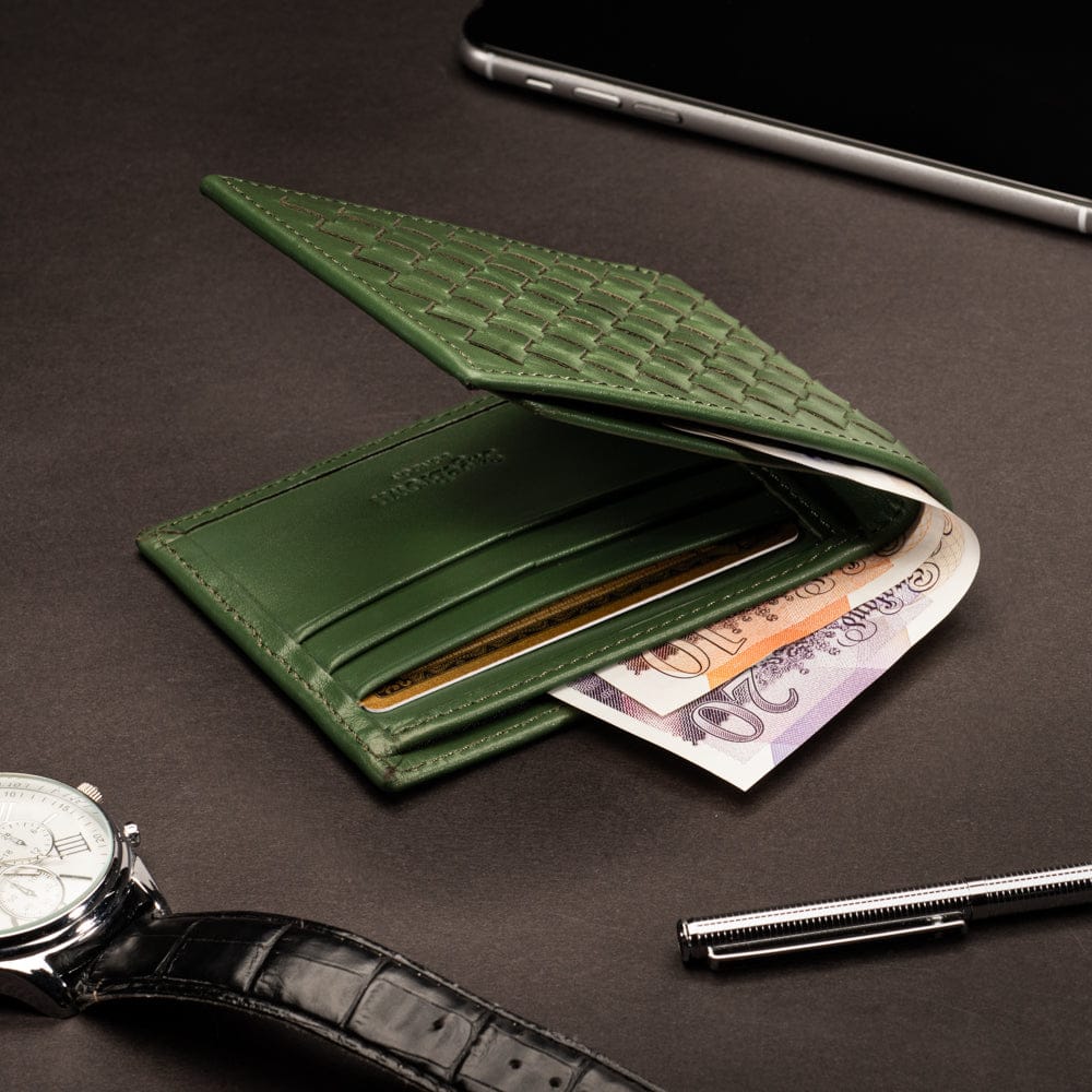 Woven leather wallet with 6 credit card slots, green, lifestyle