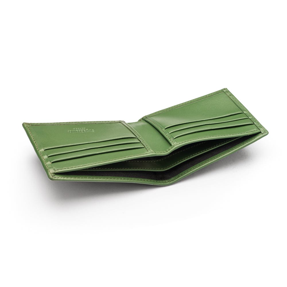 Woven leather wallet with 6 credit card slots, green, inside