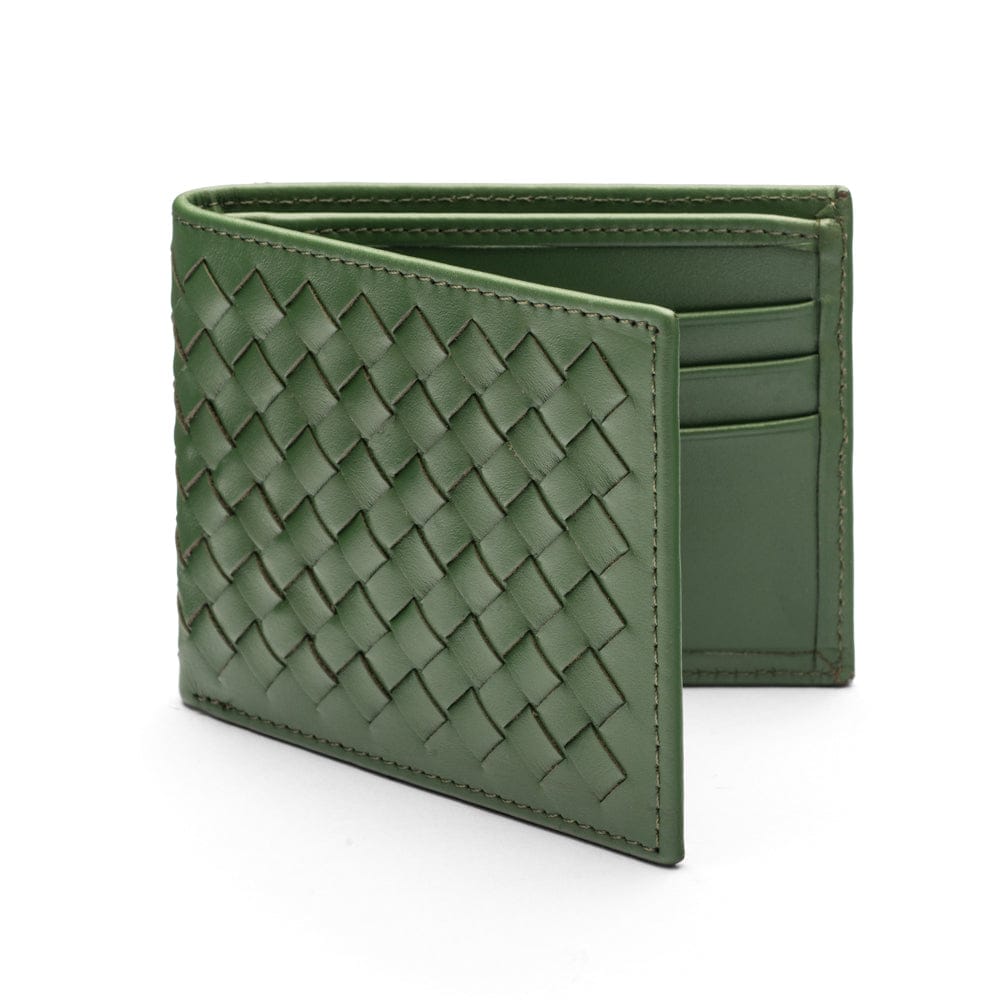 Woven leather wallet with 6 credit card slots, green, front