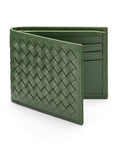 Woven leather wallet with 6 credit card slots, green, front