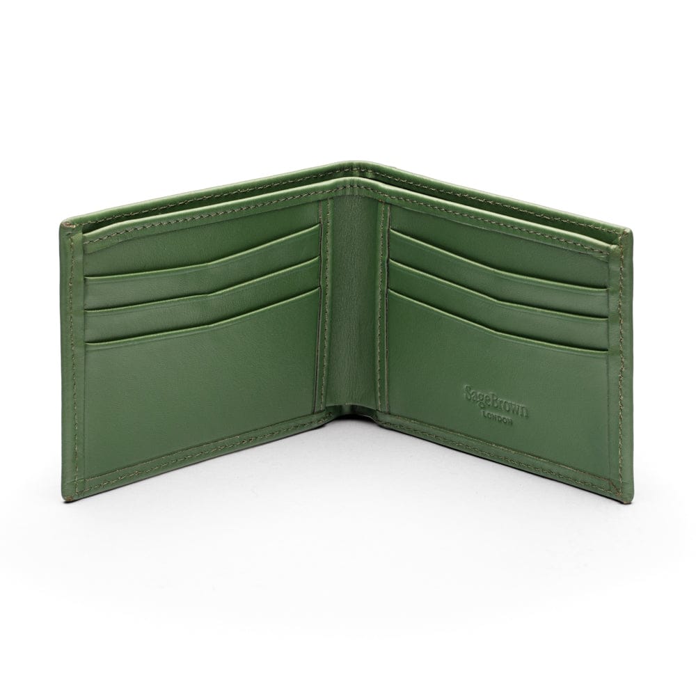 Woven leather wallet with 6 credit card slots, green, open