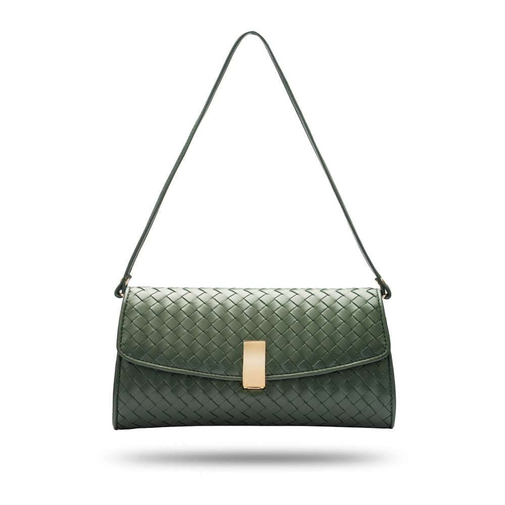 Woven leather clutch bag, green, with leather strap