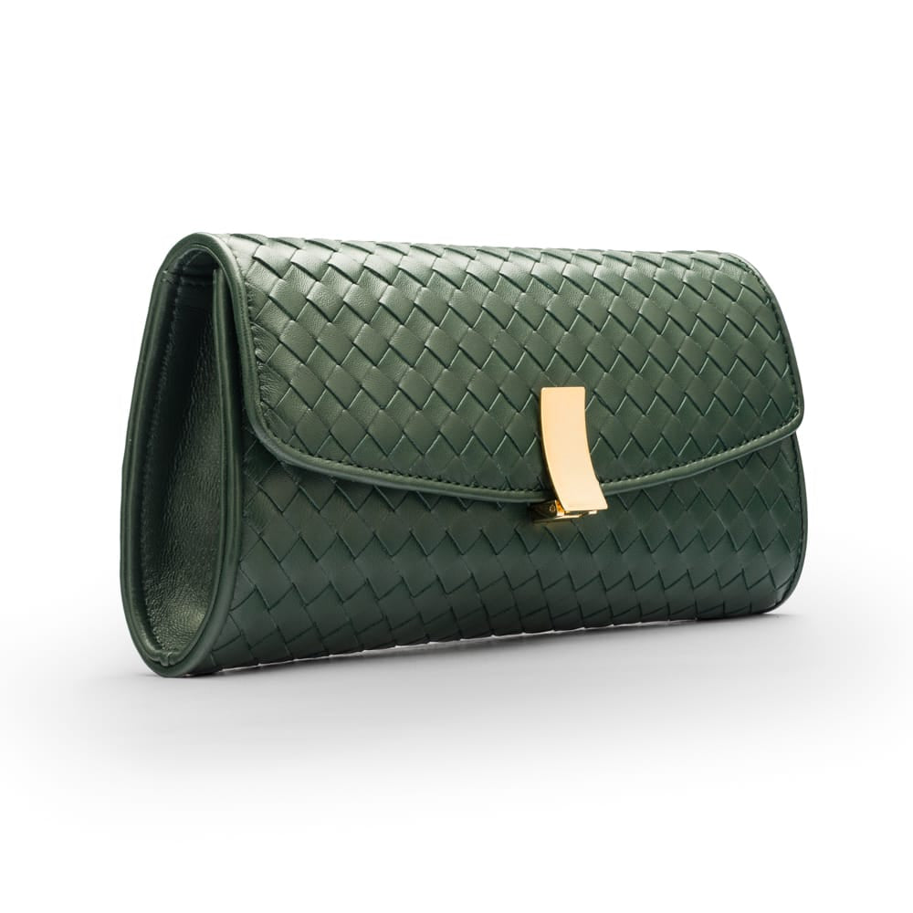 Woven leather clutch bag, green, side