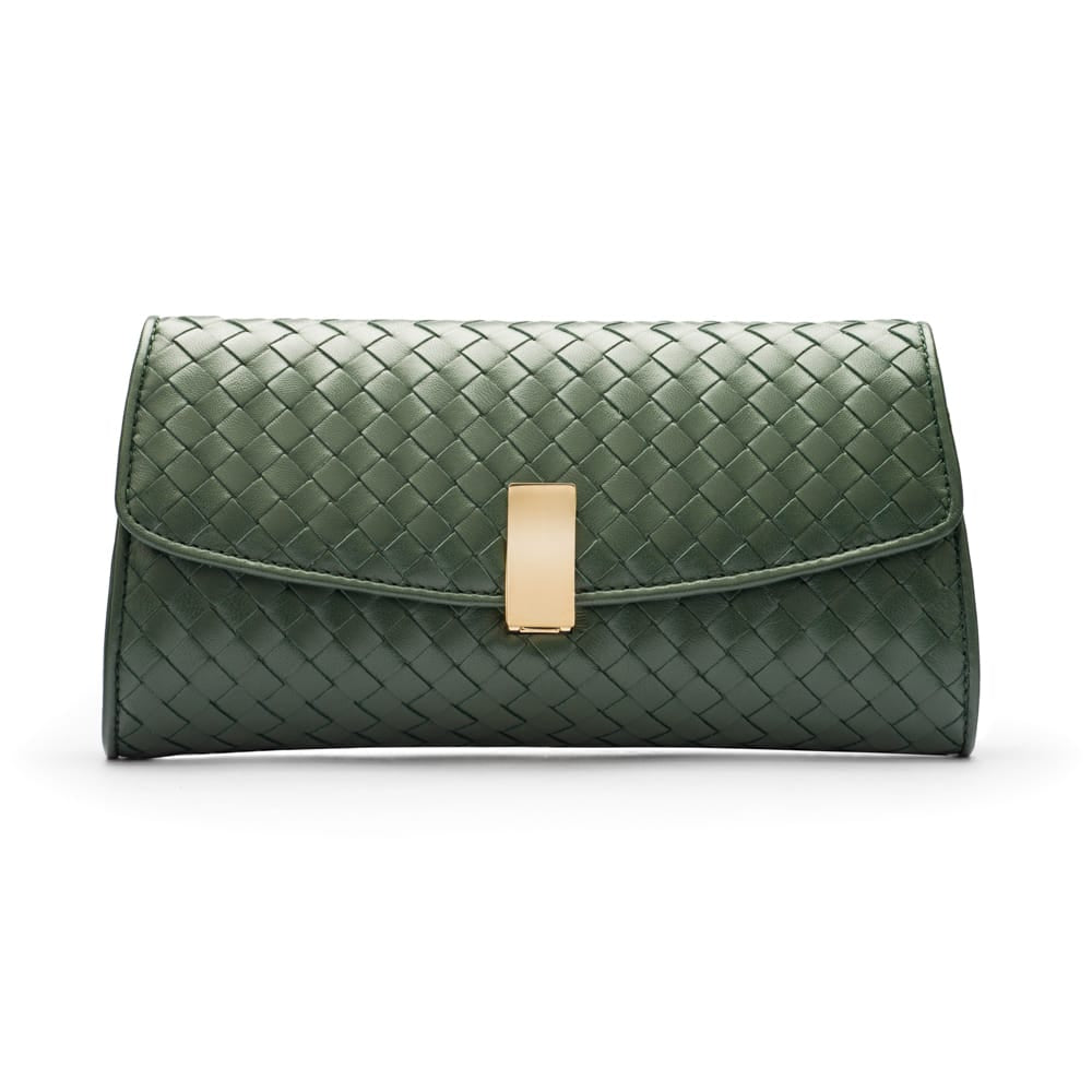 Woven leather clutch bag, green, front