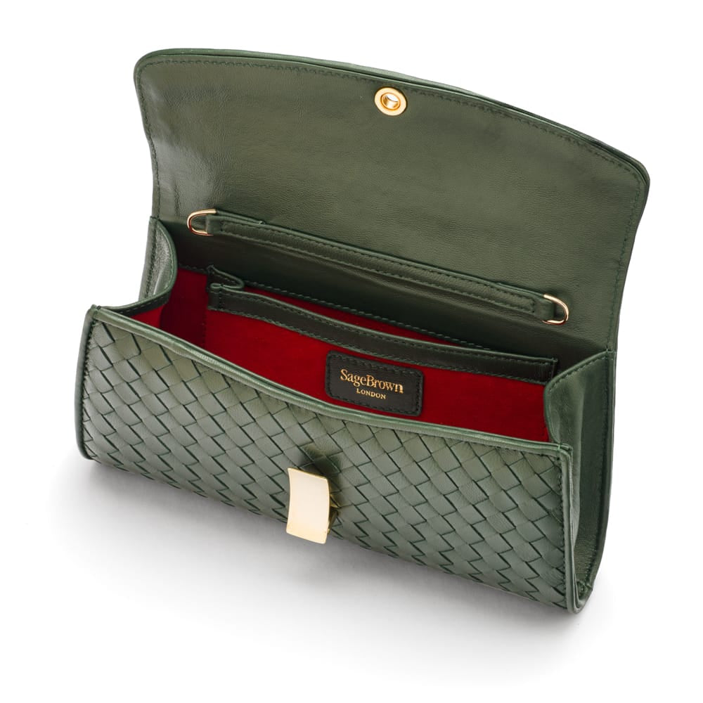 Woven leather clutch bag, green, inside